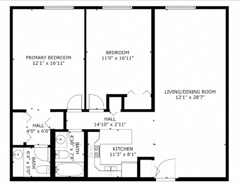 Floor plan for 2 beds, 1.5 baths, 1045 sqft